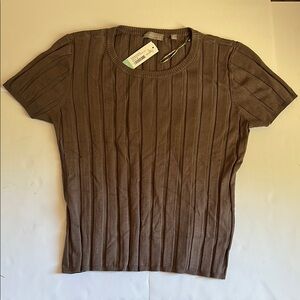 Brown Fitted Ribbed Short Sleeve Top Sweater